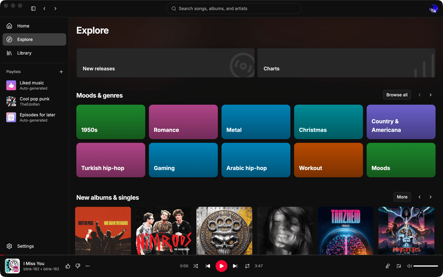 The Explore page, with charts, moods and new releases